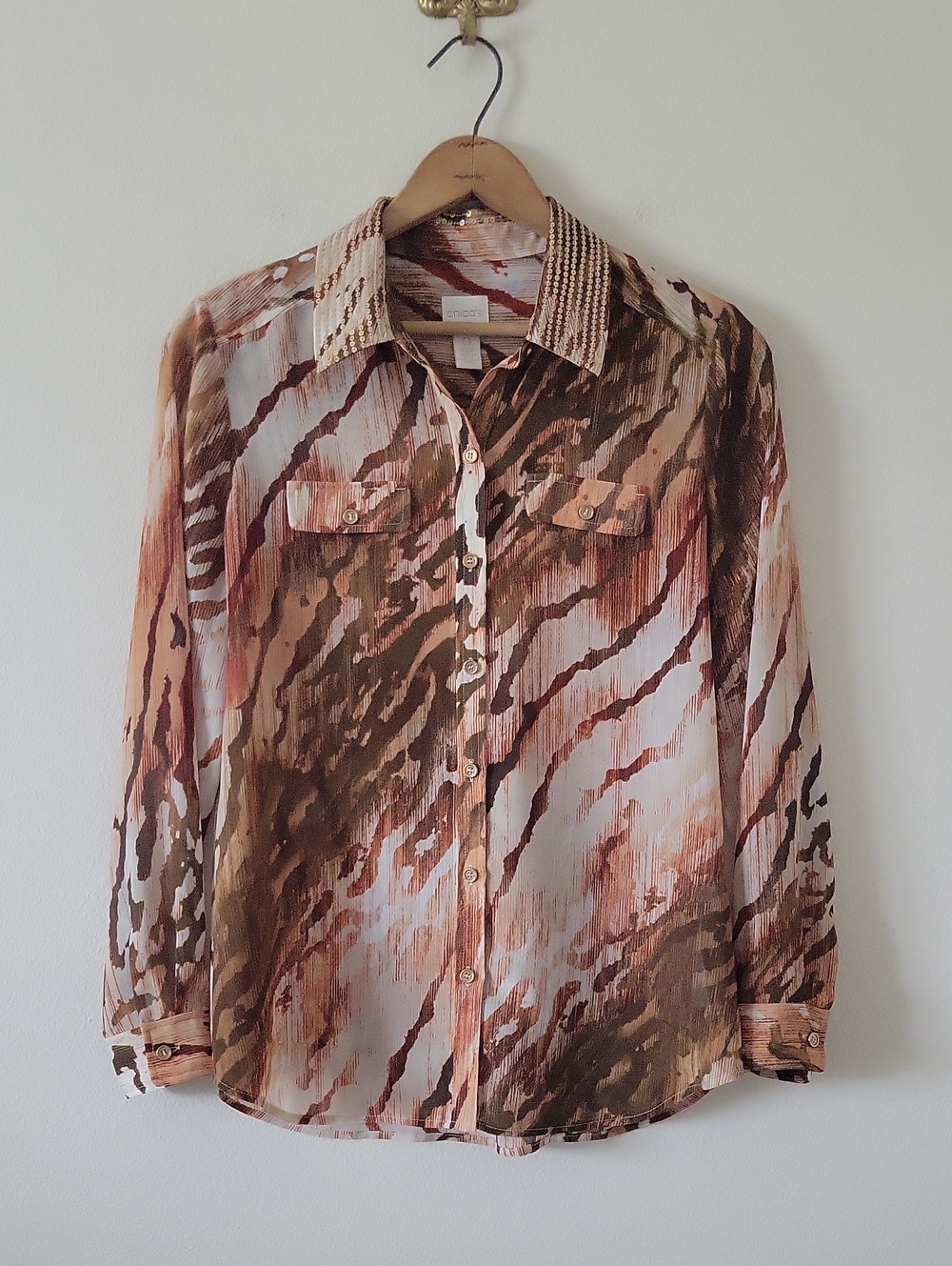 Chico's Zebra Chic Semi-Sheer Sequin Collar Button Down Blouse Size Small